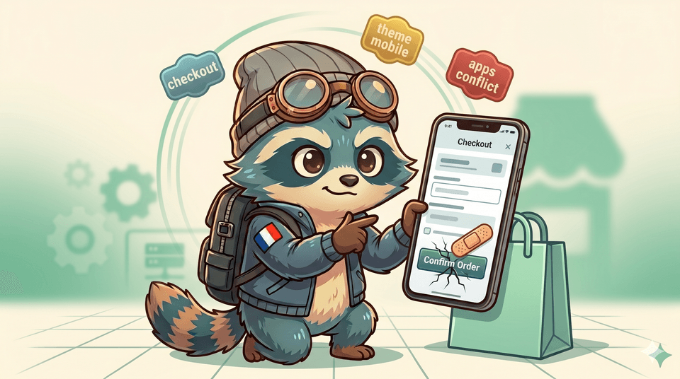 Illustration BugRescue : bugs Shopify — checkout cassé, thème mobile défaillant